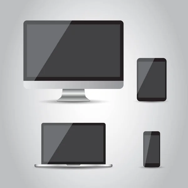 Dispositivo realista iconos planos: teléfono inteligente, tableta, ordenador portátil y de escritorio. Ilustración vectorial sobre fondo gris — Vector de stock