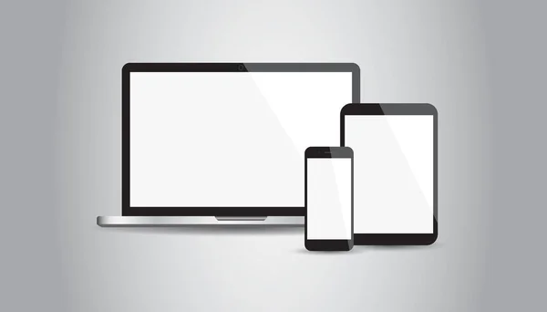 现实设备平图标︰ 智能手机，平板电脑、 笔记本电脑。灰色背景矢量图 — 图库矢量图片