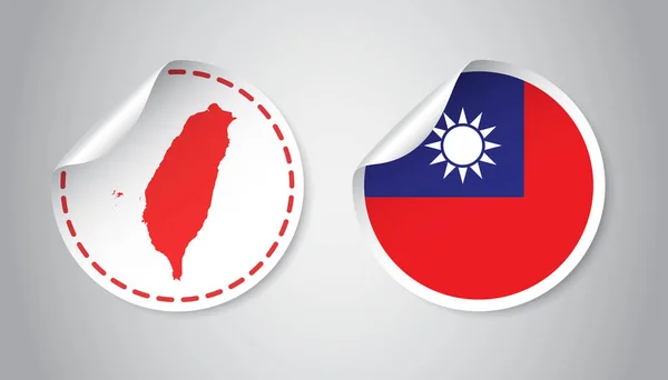 Stiker Taiwan dengan bendera dan peta. Label, bulat tag dengan negara. Ilustrasi vektor pada latar belakang abu-abu . - Stok Vektor