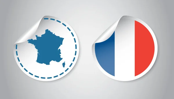 Pegatina de Francia con bandera y mapa. Etiqueta, etiqueta redonda con el país. Ilustración vectorial sobre fondo gris . — Vector de stock