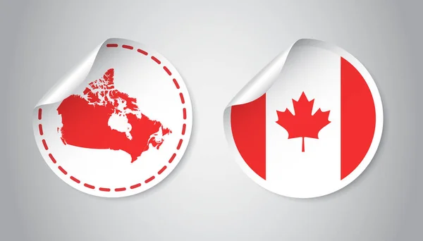 Canadá adesivo com bandeira e mapa. Etiqueta, etiqueta redonda com país. Ilustração vetorial sobre fundo cinza . — Vetor de Stock