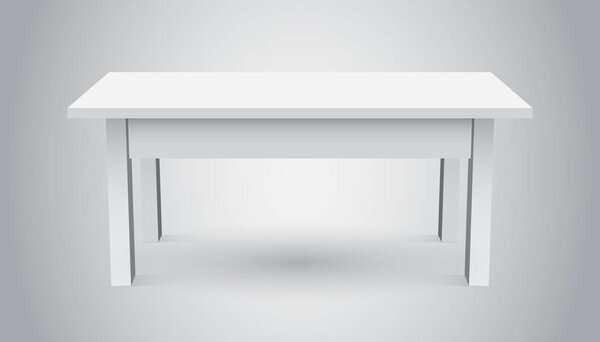 Vector 3d table for object presentation. Empty white top table isolated on gray background.