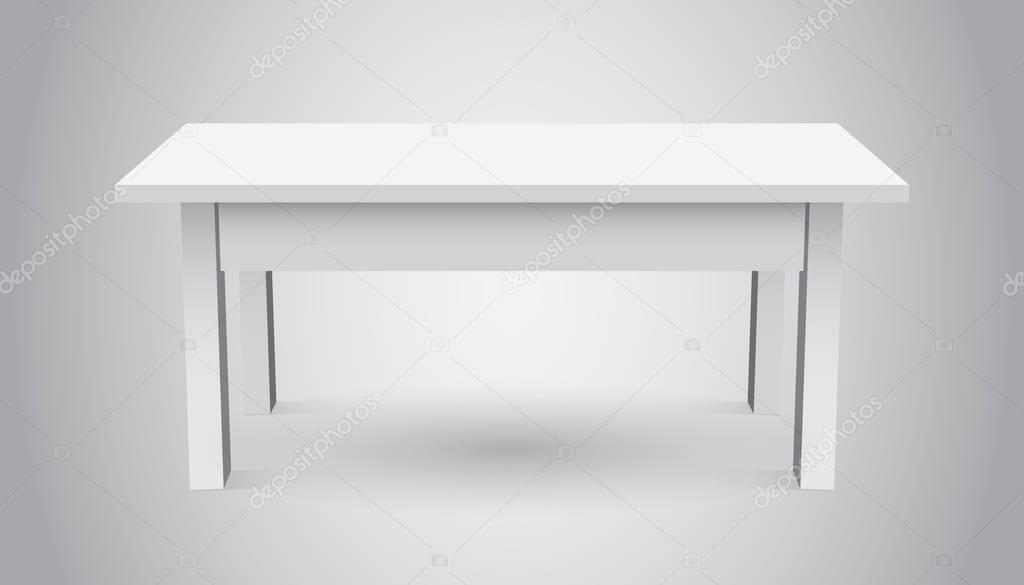 Vector 3d table for object presentation. Empty white top table isolated on gray background.