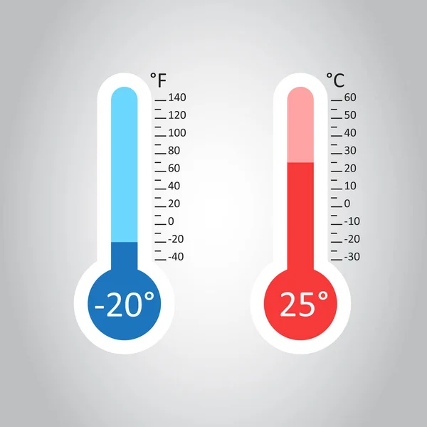 Celsius és Fahrenheit hőmérők ikon-val különböző szintek. Lapos vektoros illusztráció elszigetelt szürke háttér. — Stock Vector