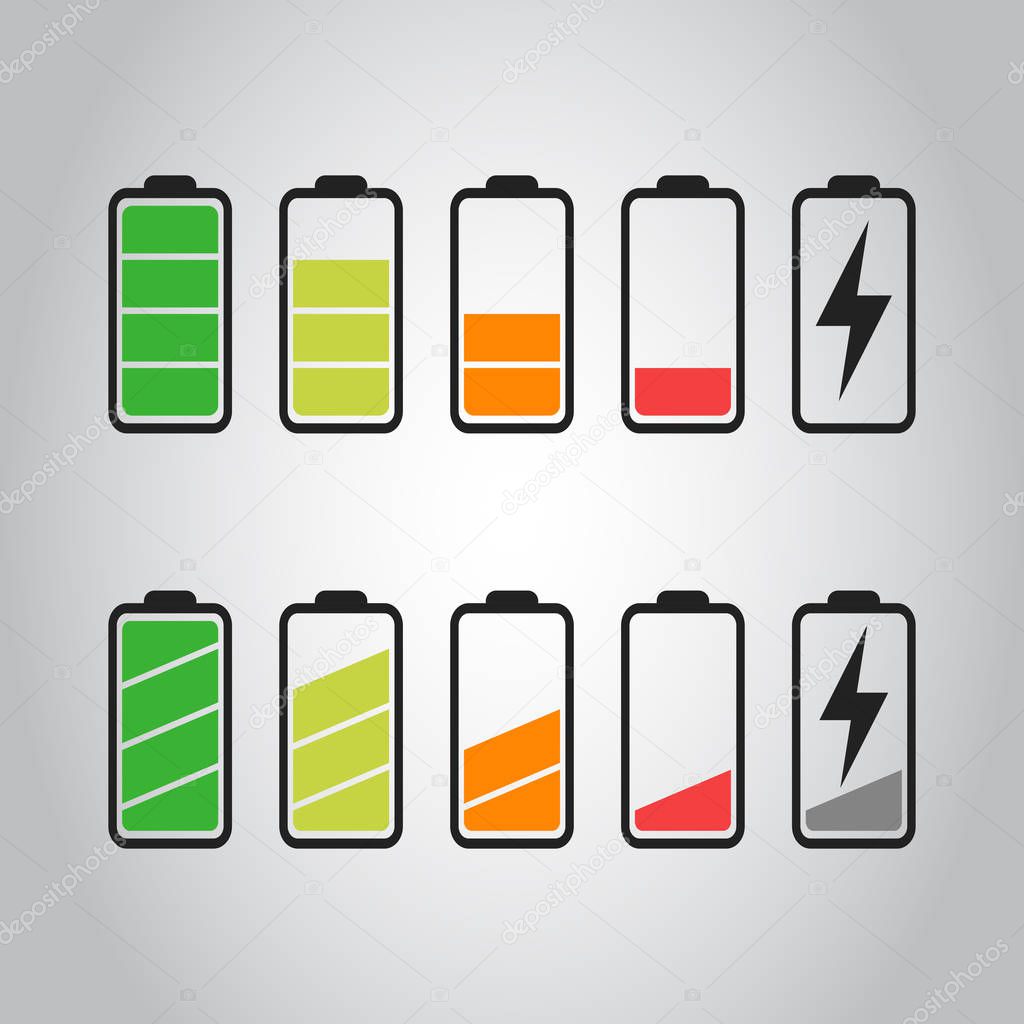 Battery icon vector set isolated on gray background. Symbols of battery charge level, full and low. The degree of battery power flat vector illustration.