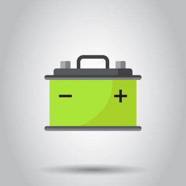 Araba pil düz vektör simgesi gri arka plan üzerinde. Oto Akü pil enerji güç illüstrasyon.