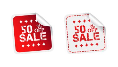 Satılık çıkartmaları %50 yüzde indirim. Beyaz arka plan üzerinde vektör çizim.