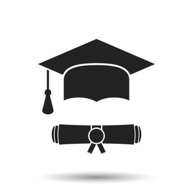 Mezuniyet kep ve diploma simge vektör çizim düz stil içinde ilerleyin. Eğitim sembolü bitirmek. Kutlama öğesi.