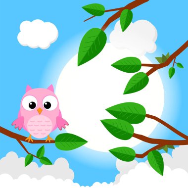 Renkli ağaç ile şirin baykuş. Güneşli ormandaki karikatür kuş. Düz vektör çizim.