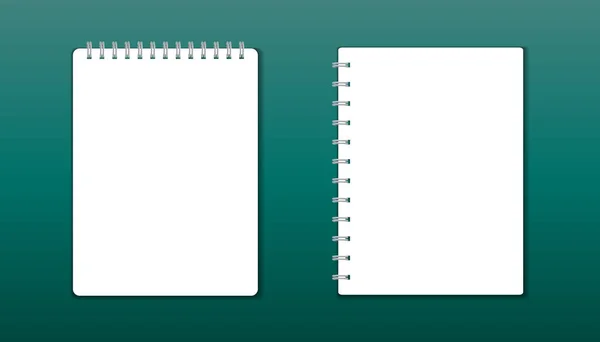 Realistiska mall anteckningar med spiral. Tom omslagsdesign. Skolan business dagbok. Office brevpapper anteckningsbok på grön bakgrund — Stock vektor