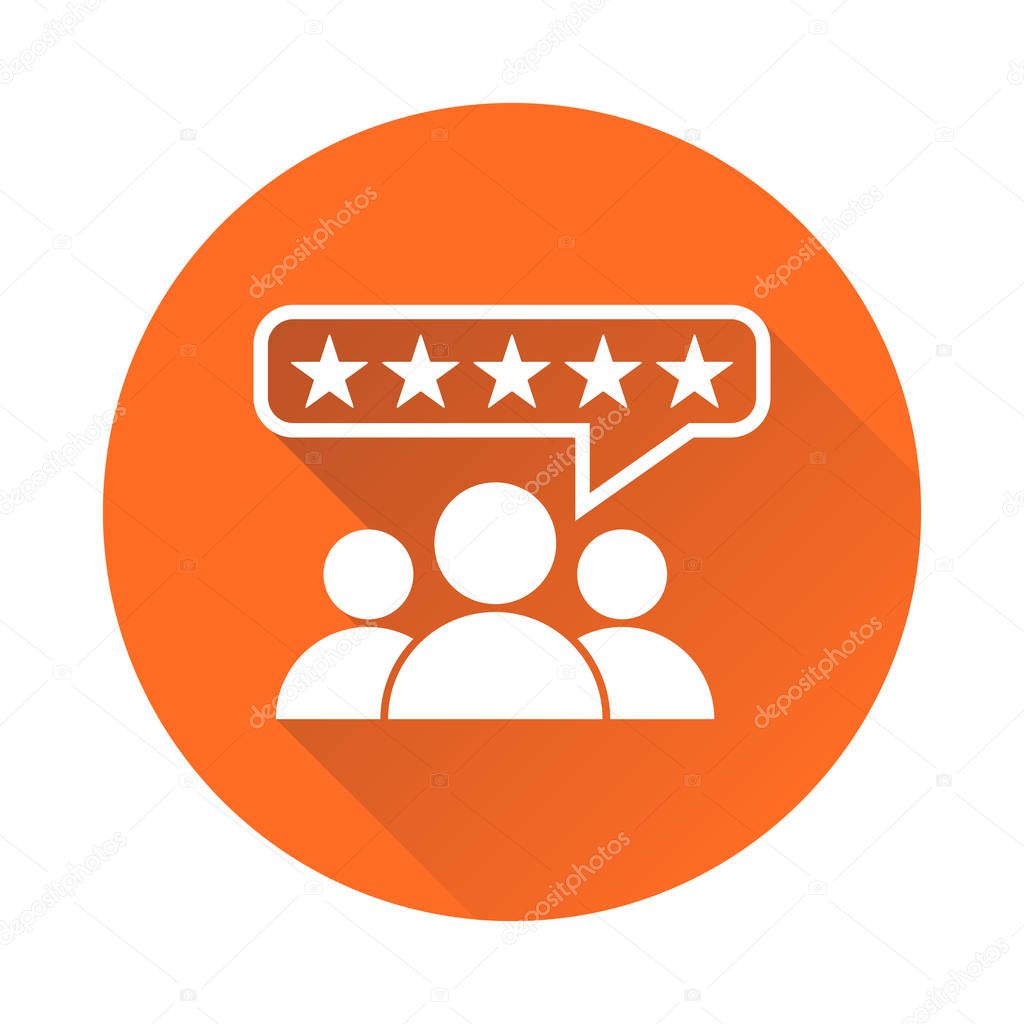Customer reviews, rating, user feedback concept vector icon. Flat illustration on orange background with long shadow.