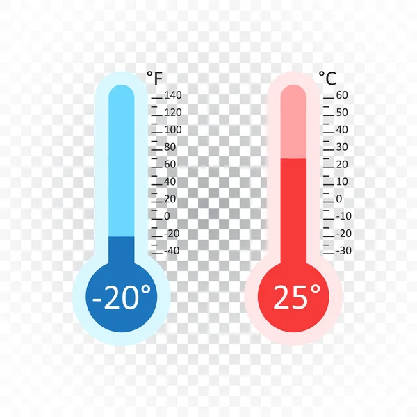 Icono de termómetros Celsius y Fahrenheit con diferentes niveles. Ilustración vectorial plana sobre fondo aislado . — Vector de stock