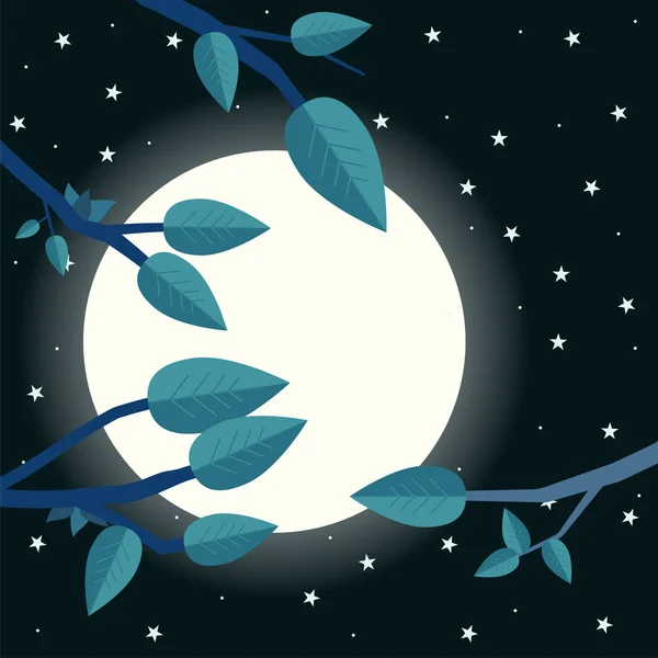 Çizgi film gece moon ile. Düz vektör çizim, ağaç, yaprak ve ay. — Stok Vektör