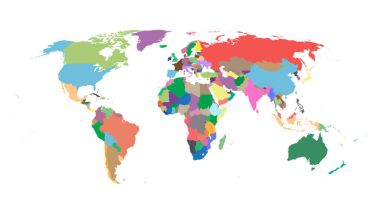 Renkli siyasi dünya haritası üzerinde izole beyaz arka plan. Dünya harita vektör Web sitesi, infographics, tasarım şablonu. Düz dünya dünya harita illüstrasyon.