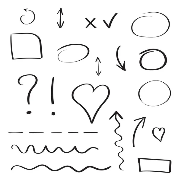 Hand getrokken pijlen en cirkels pictogramserie. Collectie van potlood schets symbolen. Vectorillustratie op witte achtergrond. — Stockvector