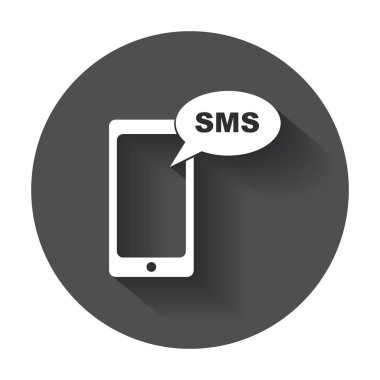 Düz smartphone simgesi. SMS mesajı. Uzun gölge ile telefon.