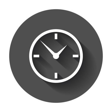 Saat simgesi, düz tasarım. Vektör çizim uzun gölge ile.