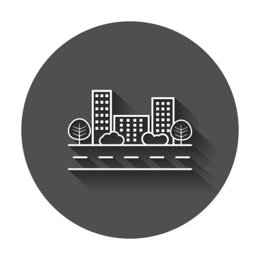 Vektör şehir düz stil çizimde. Bina, ağaç ve çalı uzun gölge ile.