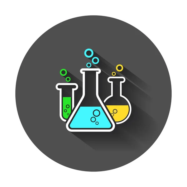 Chemische reageerbuis pictogram pictogram. Laboratorium glaswerk of bekerglas apparatuur met lange schaduw. — Stockvector