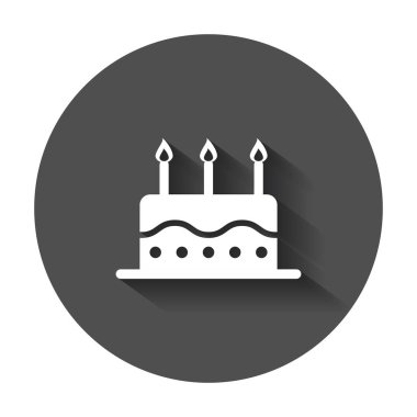 Doğum günü pastası ile mum düz simgesi. Uzun gölge ile taze pasta kek.
