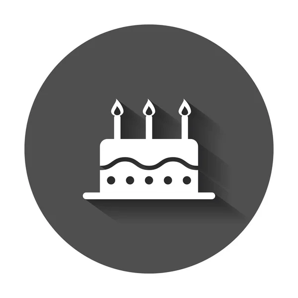 Tarta de cumpleaños con vela icono plano. Panecillo de pastel fresco con sombra larga . — Vector de stock