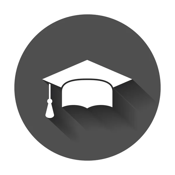 毕业帽平面设计图标。完成教育符号。毕业一天庆祝元素与长长的影子. — 图库矢量图片
