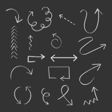Elle çizilmiş ok simgesi ayarla. Kalem kroki semboller koleksiyonu. 
