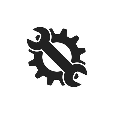 Hizmet araçları düz vektör simgesi. İngiliz anahtarı simgesi logosu ile dişli