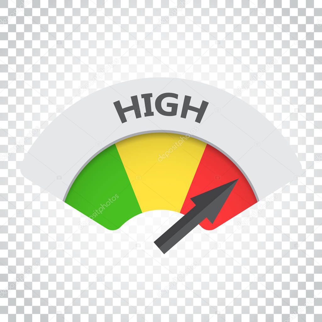 High level risk gauge vector icon. High fuel illustration on iso