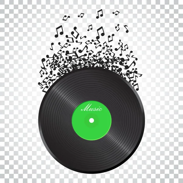 Vinyl disk with flying sound note. Music disk vector illustratio — Stock Vector