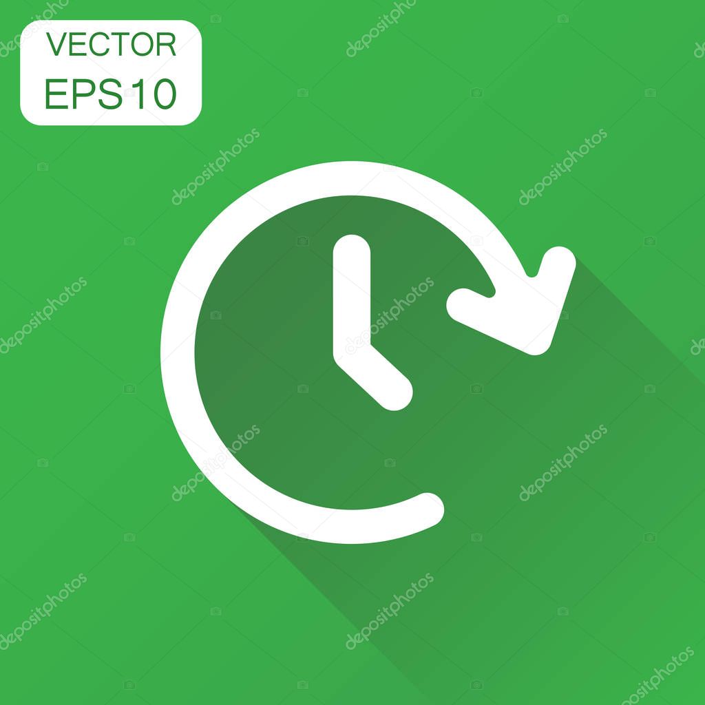 Clock time icon. Business concept timer 24 hours pictogram. Vector illustration on green background with long shadow.