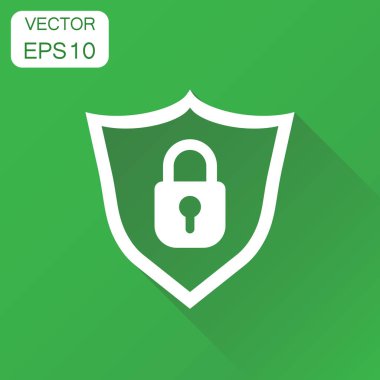 Kalkan güvenlik simgesi ile kilitleyin. İş kavramı asma kilit pictogr