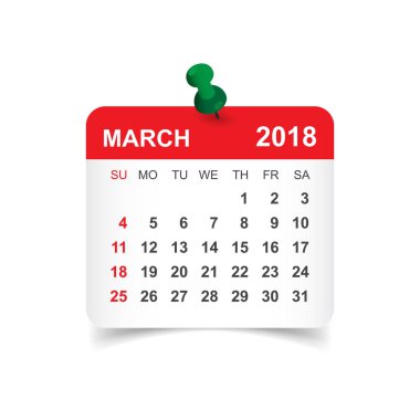 Mart 2018 takvim. Takvim etiket tasarım şablonu. Hafta yıldız