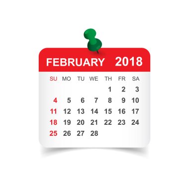 Şubat 2018 takvim. Takvim etiket tasarım şablonu. Hafta s