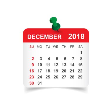 Aralık 2018 takvim. Takvim etiket tasarım şablonu. Hafta s