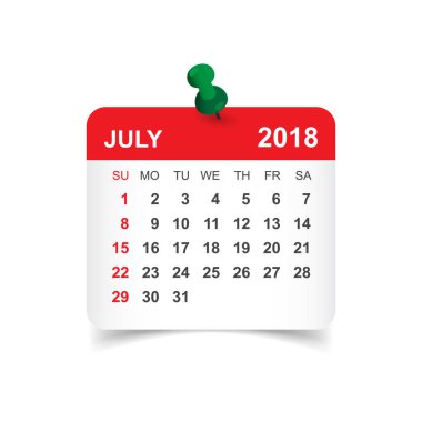 Temmuz 2018 takvim. Takvim etiket tasarım şablonu. Hafta Başlat