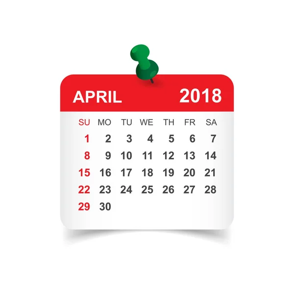 Ημερολόγιο Απριλίου 2018. Πρότυπο σχεδίασης αυτοκόλλητο ημερολόγιο. Εβδομάδα αστέρι — Διανυσματικό Αρχείο