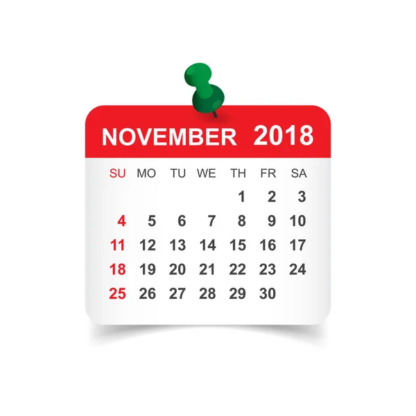 Calendario di novembre 2018. Adesivo calendario modello di design. Settimana s — Vettoriale Stock