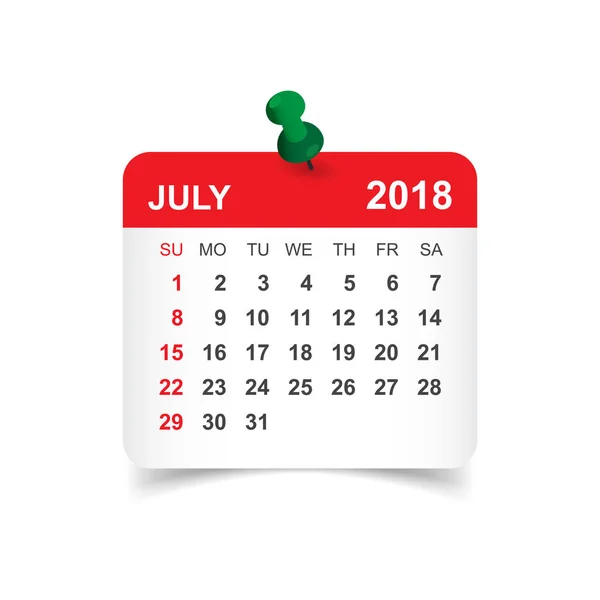 Ημερολόγιο Ιουλίου 2018. Πρότυπο σχεδίασης αυτοκόλλητο ημερολόγιο. Έναρξη της εβδομάδας — Διανυσματικό Αρχείο