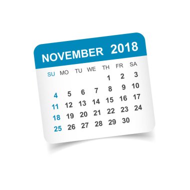 Kasım 2018 takvim. Takvim etiket tasarım şablonu. Hafta s