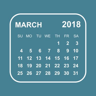 Mart 2018 takvim. Takvim planlayıcısı tasarım şablonu. Hafta yıldız