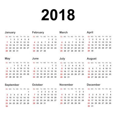 Takvim 2018 yılında basit tarzı. Takvim planlayıcısı tasarım sıcaklığı