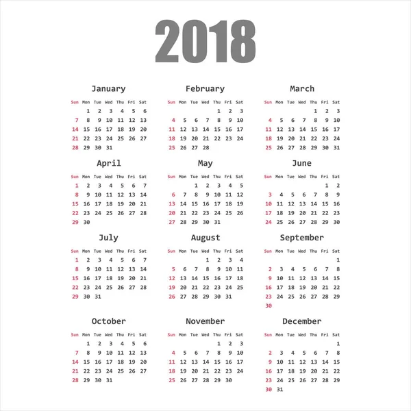 Calendrier 2018 année dans un style simple. Calendrier planificateur conception temp — Image vectorielle