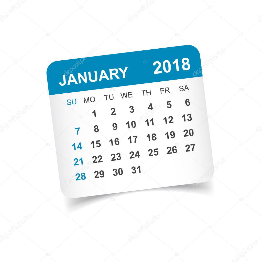January 2018 calendar. Calendar sticker design template. Week st