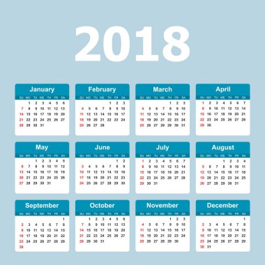 Takvim 2018 yılında basit tarzı. Takvim planlayıcısı tasarım sıcaklığı