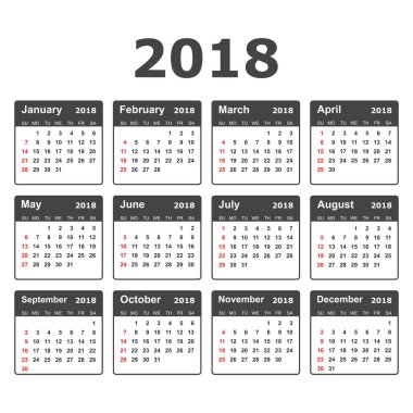 Takvim 2018 yılında basit tarzı. Takvim planlayıcısı tasarım sıcaklığı