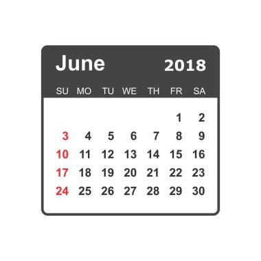 Haziran 2018 takvim. Takvim planlayıcısı tasarım şablonu. Hafta Başlat