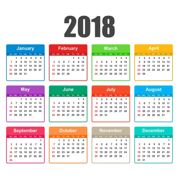 Calendario 2018 año en estilo simple. Planificador de calendario temporal de diseño — Archivo Imágenes Vectoriales