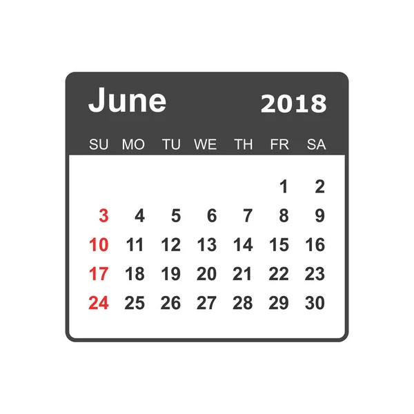 Calendario junio 2018. Plantilla de diseño de planificador de calendario. Semana de inicio — Archivo Imágenes Vectoriales