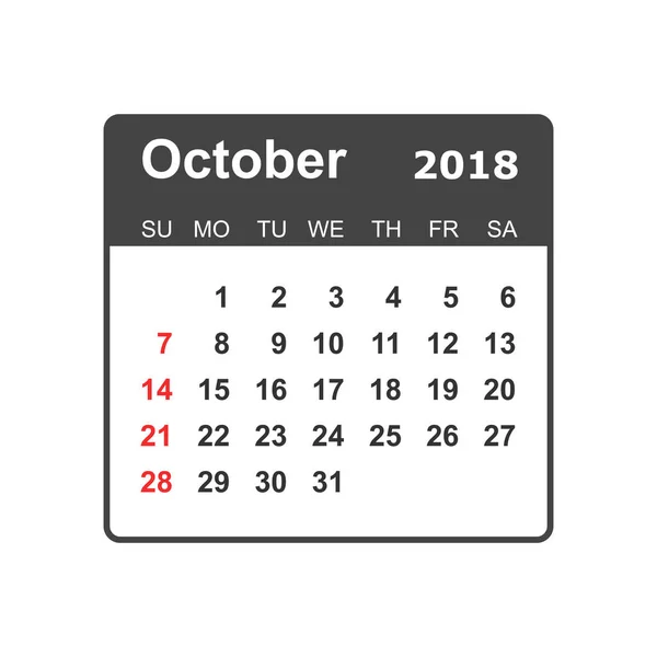 Calendrier octobre 2018. Calendrier planificateur modèle de conception. Semaine st — Image vectorielle